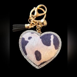 Heart-Shaped Cow Bag Charm Keychain with Rhinestones